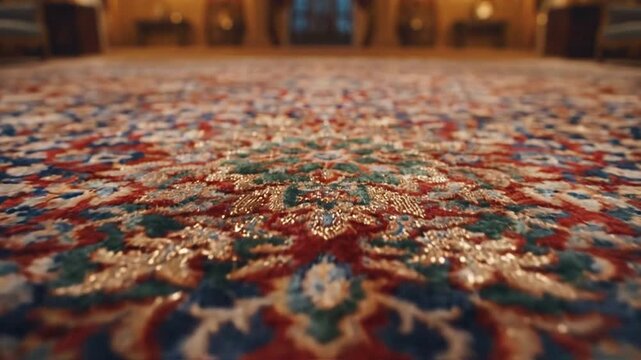 Intricate carpet pattern in a grand hall with blurred background.