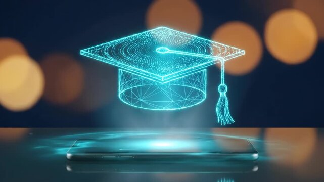 Graduation online ceremony celebrates achievement and success education for brighter future, smartphone hologram with graduation cap symbolizes digital online graduation ceremony achievement success