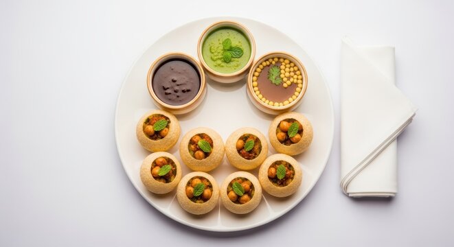 Traditional Pani Puri Indian street food, crispy Golgappa snacks with spicy mint water and tamarind chutney, authentic Phuchka appetizer on white plate