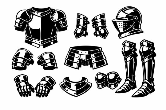 Medieval Knight Plate Armor Set Vector Illustration in Black and White Featuring Helmet Breastplate Gauntlets Greaves Pauldrons and Gorget for Historical Warrior Protection and Design