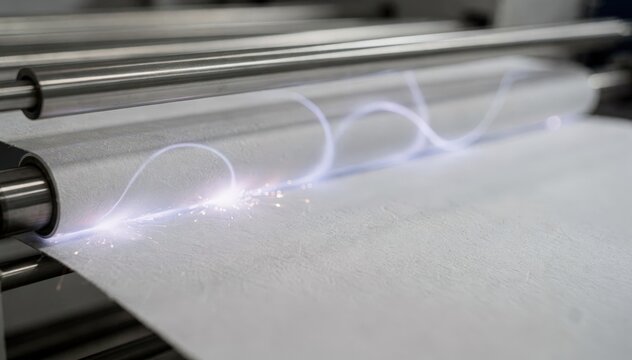 Close medium shot capturing lowpower corona discharge on paper web highlighting subtle electrical treatment improving surface energy for better lamination performance.