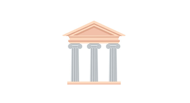 Elegant classical temple facade featuring three grey fluted columns and a peach-colored triangular pediment standing centered against a white background.