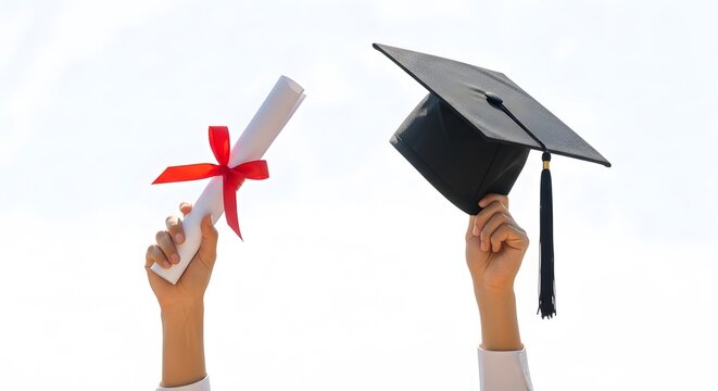 Joyful graduation celebration hands raising diploma and cap a symbol of academic achievement