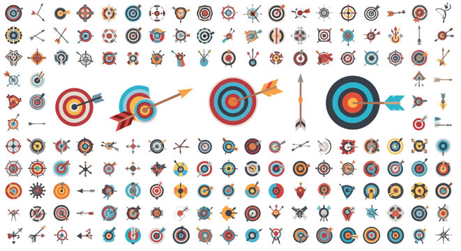 Extensive collection of diverse colorful archery targets and arrows featuring various circular patterns and fletching styles arranged on a white background.