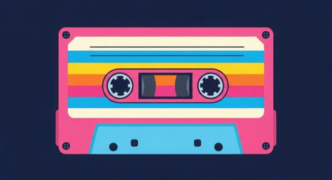 Colorful retro cassette tape with rainbow stripes on a dark blue background, vintage audio.