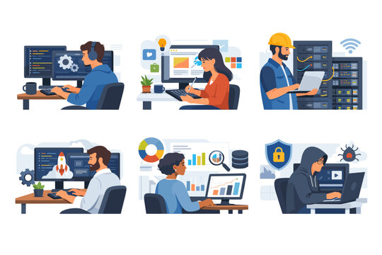Set of IT professions illustrations featuring software developers, web designers, data analysts, system administrators, and cybersecurity experts working on computers in modern office environments.