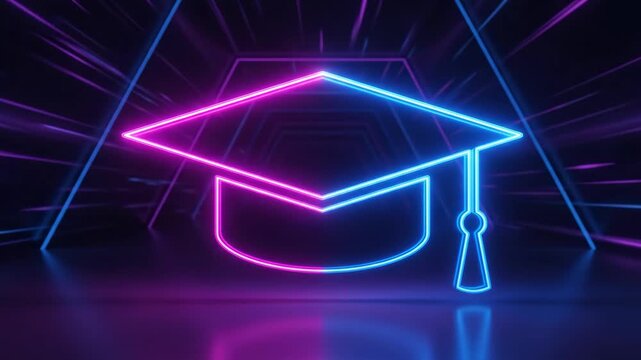 Graduation online ceremony highlights celebrating achievement success in education and future with neon cap and mortarboard moments, digital commencement tribute for students