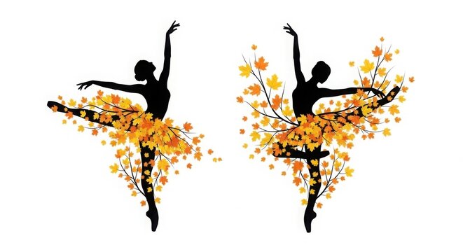 Two ballerinas in autumnal tutus dancing in silhouette
