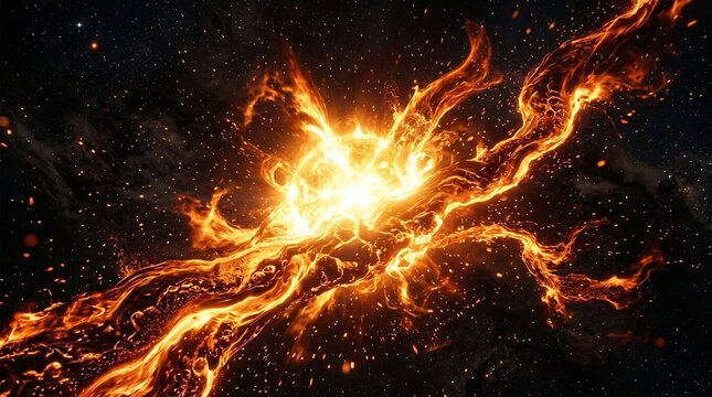 A large explosion in space with orange and yellow flames
