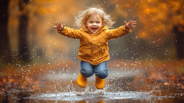 Joyful child jumping in puddle, autumn park, splashes