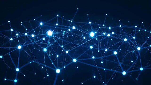 Glowing blue dots connecting and expanding across a dark background. Representing digital data flow and network communication.