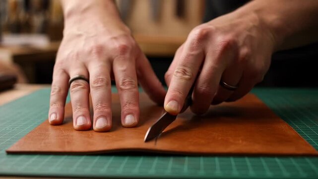 Craftsman hands carefully cutting brown leather with a sharp knife. Detailed process of traditional leatherworking in a workshop setting.