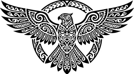 Fototapeta premium Polynesian Tribal Hawk Illustration Flat Black Ink Design