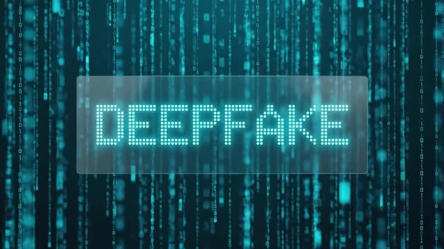 Deepfake ai scam fraud deception cybercrime manipulation threat warning with digital code rain over data security background, glowing pixel text banner on online security risk and data privacy