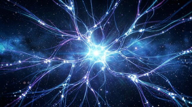 A blue and white neuron with many connections