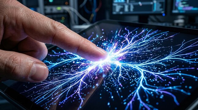 A hand touching a glowing blue and purple light