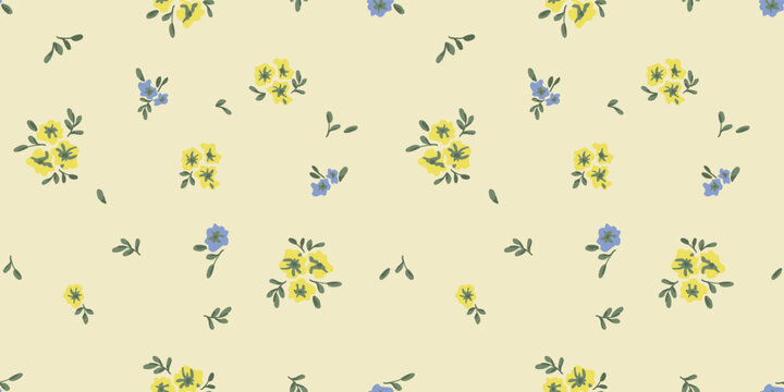 Vintage Seamless Floral Pattern with Small Yellow and Blue Flowers on Pale Background