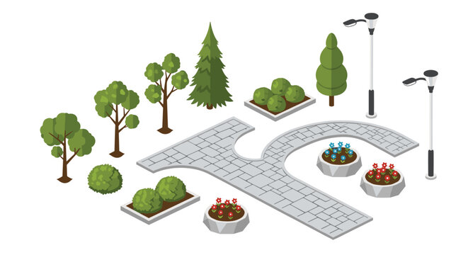 Pristine isometric garden elements showcase a T-shaped gray stone path surrounded by circular flower beds containing vibrant red and blue blossoms and poles.