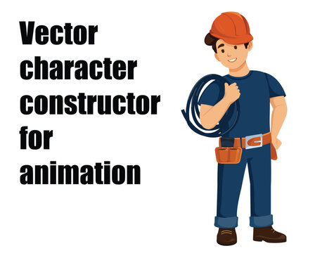 Vector young electrician character constructor for animation. Technician in hard hat with cable coil and tool belt on layers. Ready to animate flat design person for industrial explainer videos.