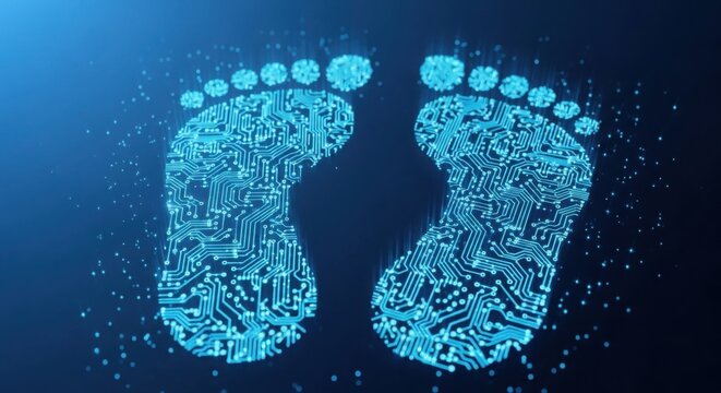 glowing blue digital footprints on dark background