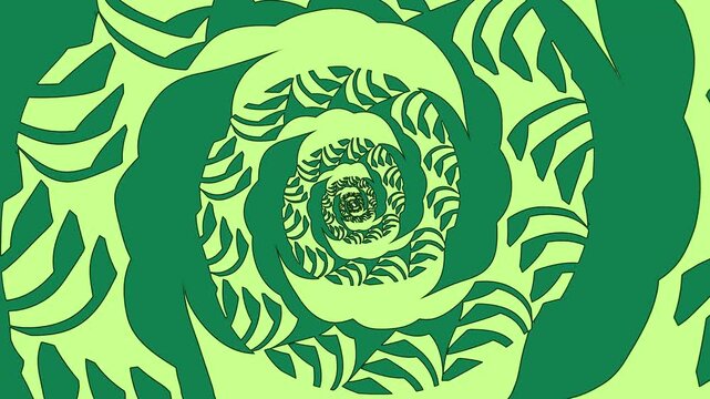 Spiral pattern with green leaves moving in a circular motion on a light background