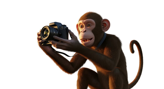 Primate holding digital camera, capturing moments, photography hobby, close-up on furry face and hands