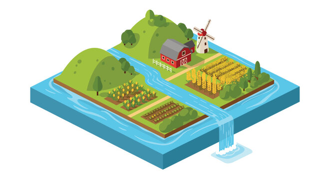 Picturesque isometric farm scene featuring a red barn and white windmill situated next to lush crop fields and a waterfall flowing into blue water.