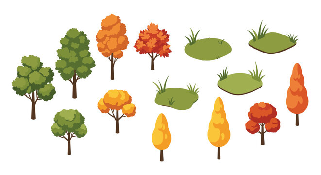 Diverse collection of isometric deciduous trees in vibrant autumn shades of orange and red alongside several lush green grass patches on a white floor.