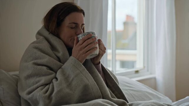 Comforted Woman Wrapped in Blanket Sipping Warm Beverage in Bed by Window Reflecting a Sense