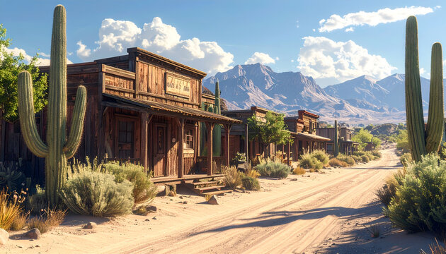 A picturesque view of a weathered, old-west style town nestled amidst a desert landscape with towering cacti and a backdrop of majestic mountains under a bright, cloudy sky.