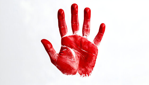 A vibrant red handprint dominates a stark white background, creating a striking visual contrast.