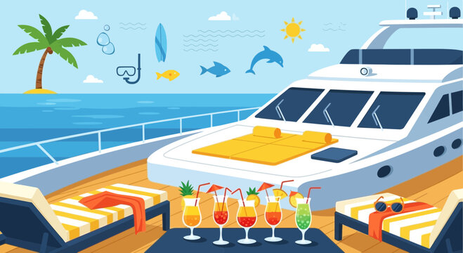 Luxury yacht deck, tropical vacation, summer cocktails, nautical fun, sunny getaway