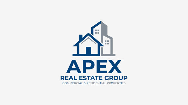 Professional real estate logo features a house and building for Apex Group