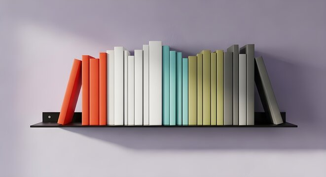 A neat row of various colorful books stands organized on a sleek black shelf, casting soft shadows against a serene purple wall, embodying minimalist design and the joy of reading and knowledge