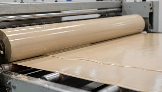 Film press applying a consistent pigment primer with a roll applicator enhancing coating durability and vividness on flat surfaces in an industrial setting.