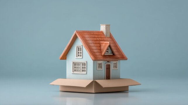 Charming miniature house model with a red roof, presented on a cardboard box against a soft blue background, perfect for home and lifestyle concepts.
