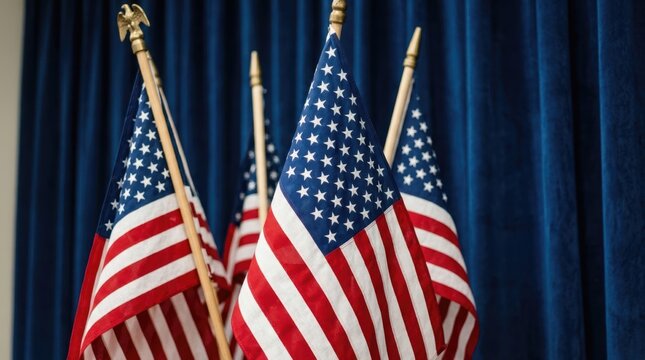 Several American flags stand proudly against a deep blue velvet curtain backdrop
