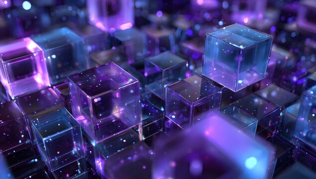Intricate digital grid of glowing glass cubes with interior lights and floating spark particles creating dense technological pattern for high tech server room and future city visualizations.