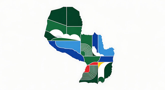 Map of Paraguay divided into administrative regions, abstract colorful geometric shapes representing departments, national territory representation
