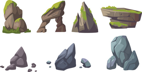 Professional set of colorful stone and rock formations with green moss for outdoor nature landscape vector © Sanjina