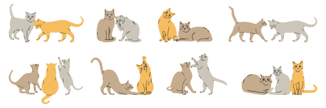 Cute cats doodle vector set. Cartoon cat or kitten characters design collection with cat element and flat color in different poses. Set of funny pet animals isolated on white background. 