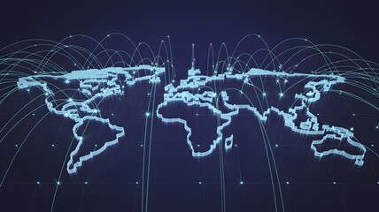 Obraz premium Global Network Map with Data Connections. Abstract digital grid showing worldwide communication, internet, and global business technology.