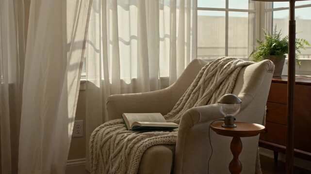 Cozy Armchair with Open Book and Knitted Blanket in a Sunlit Room with Sheer Curtains, Creating
