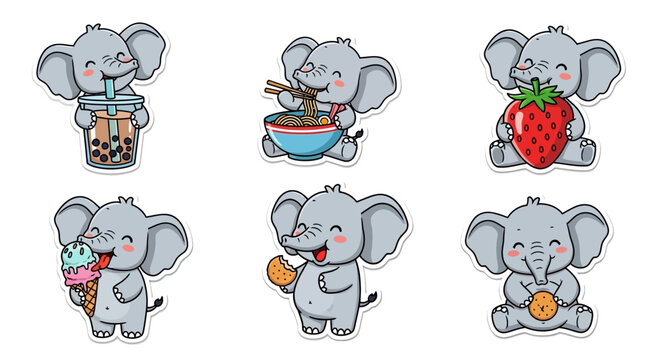 Adorable Kawaii baby elephant sticker sheet collection featuring playful cartoon pachyderms enjoying various treats and activities, perfect for cute digital projects and charming designs