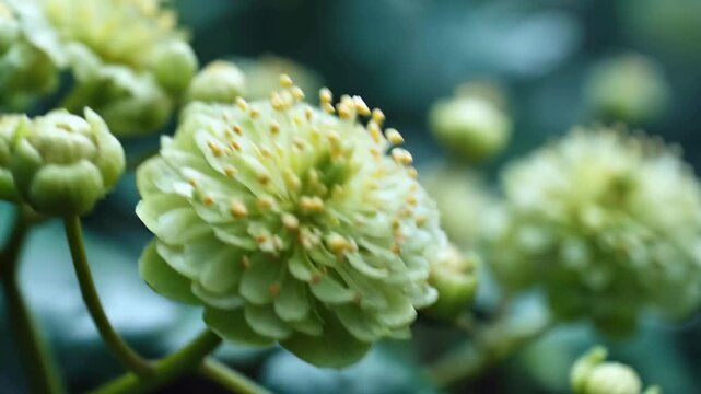 Delicate small flower with green petals and yellow stamens captured in bright natural light in a garden setting in spring season