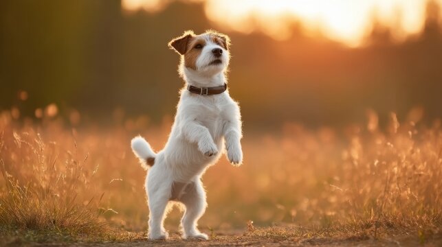 Lively Jack Russell Terrier Dog Standing on Two Legs in a Sunlit Field with Soft Golden Grass at Sunset