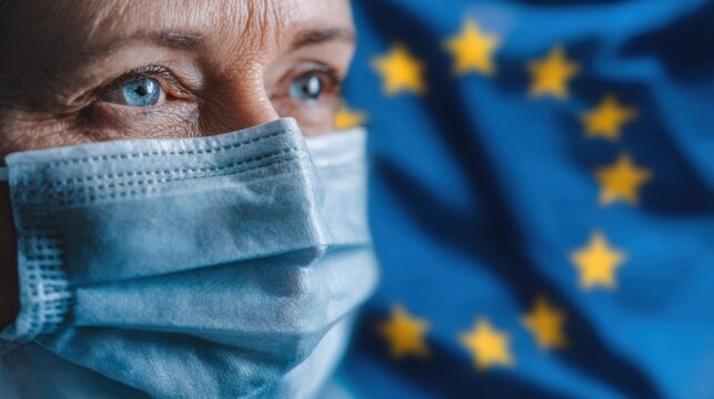 Woman wearing mask stands in front of European Union flag during health crisis