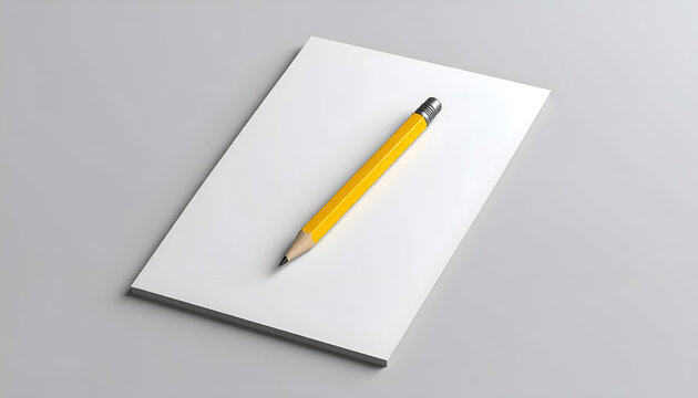 A bright yellow pencil rests diagonally across a blank white notepad against a soft, neutral gray background, suggesting creativity and potential.