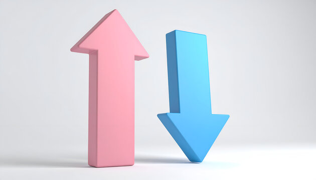 A vibrant pink upward arrow and a cool blue downward arrow stand in stark contrast against a clean white background, symbolizing opposing trends or directions.