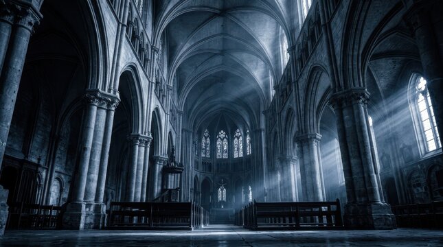 Sunbeams illuminate the grand nave of a Gothic cathedral with dramatic light and shadow